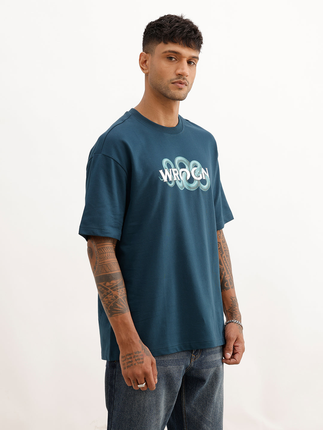 Oversized Placement Foil Printed T-Shirt | Dark Blue