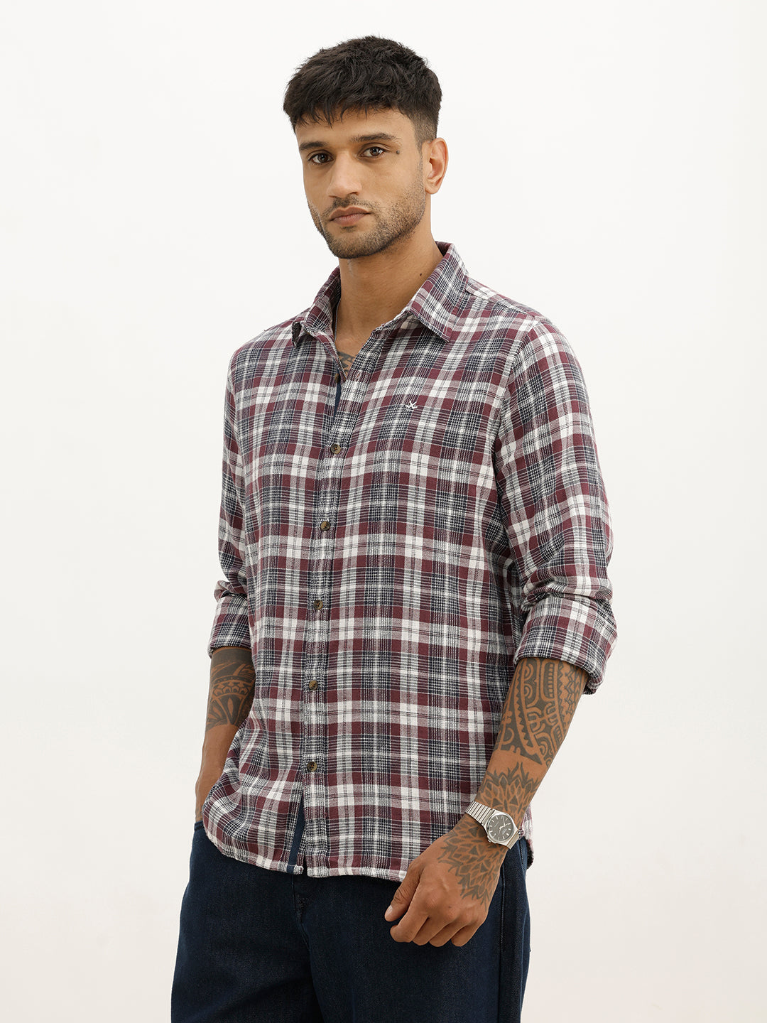 Classic Slim Fit Checkered Shirt | Maroon