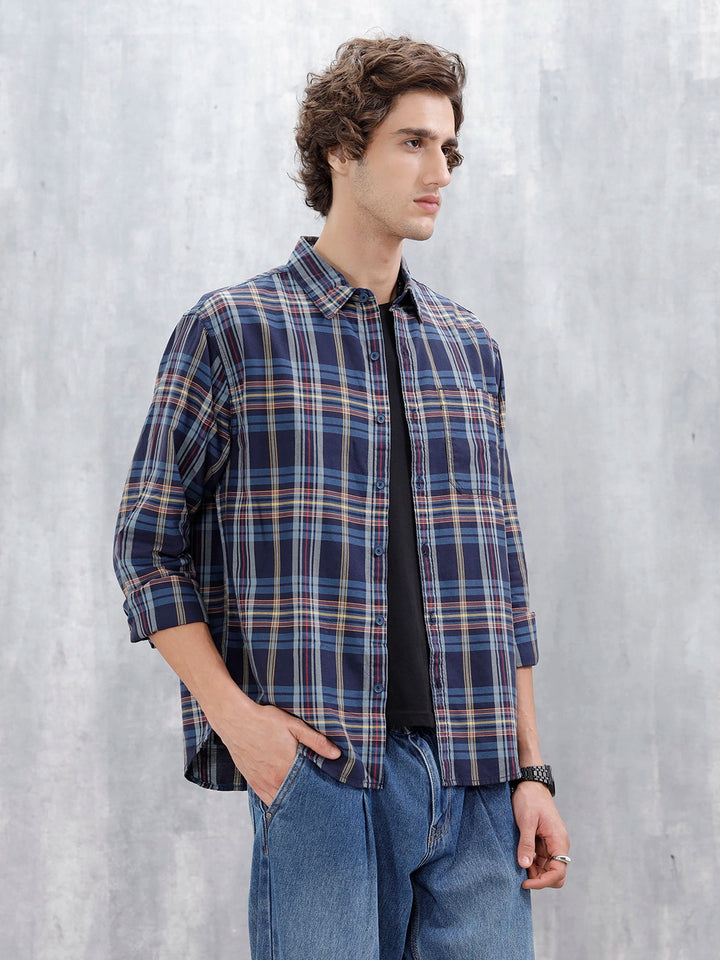 Wrogn Comfort Fit Checkered Shirt  | Navy Blue