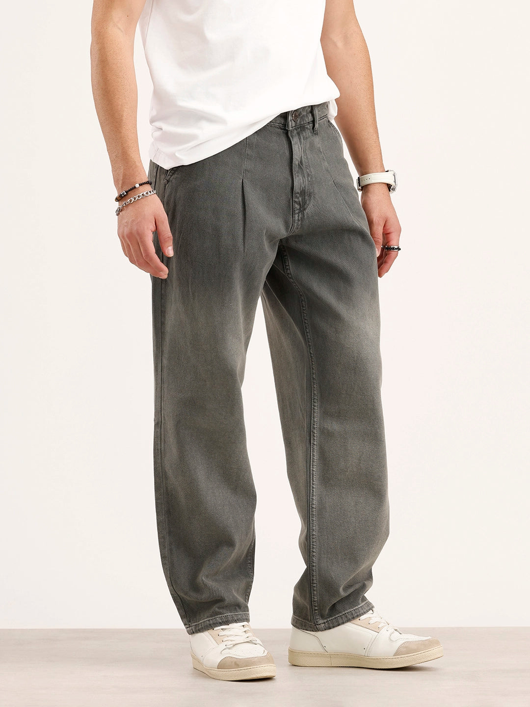 Loose Fit Pleated Denim Jeans | Grey