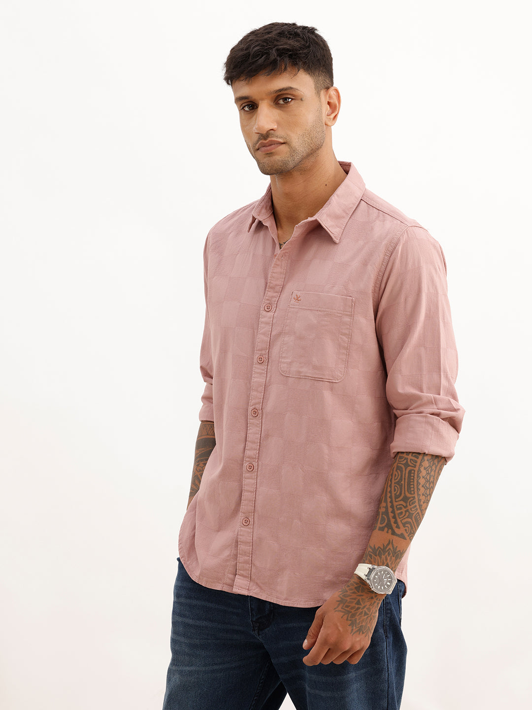 Textured Slim Fit Full Sleeve T-Shirt | Pink