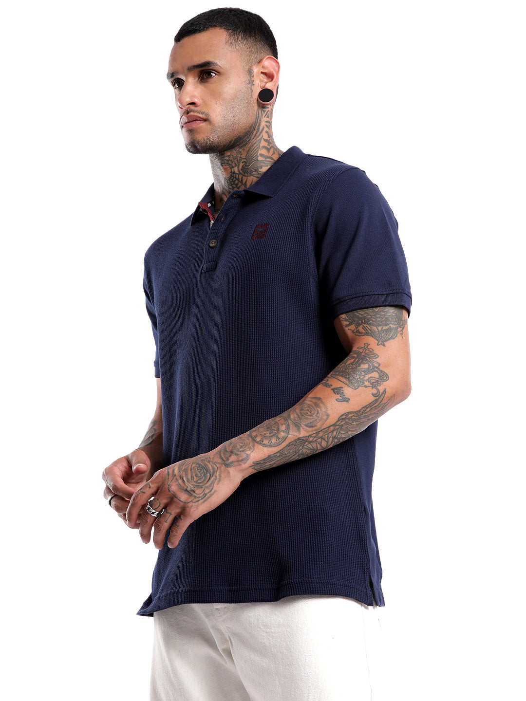 Solid Navy Waffle Knitted Polo T-Shirt