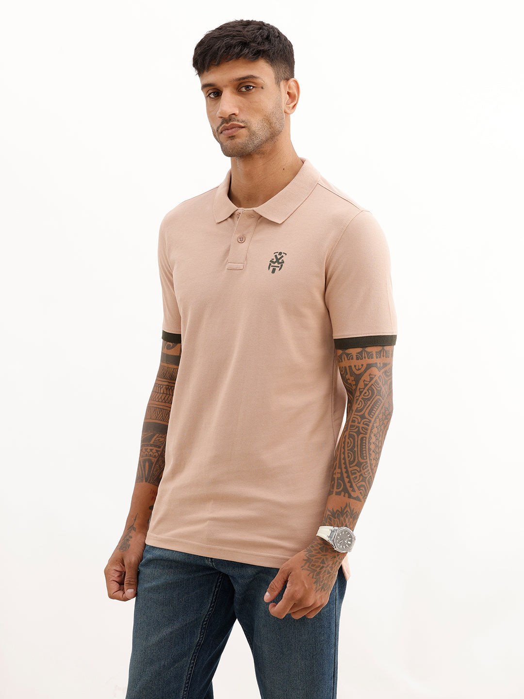 Slim Fit Contrast Sleeve Polo T-Shirt | Light Brown
