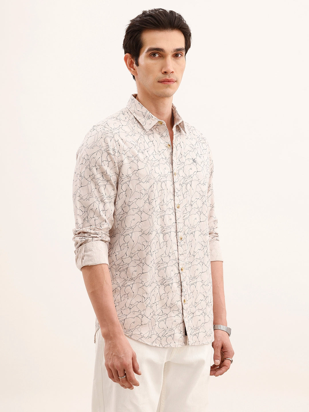 Textured Regular Fit AOP Shirt | Beige
