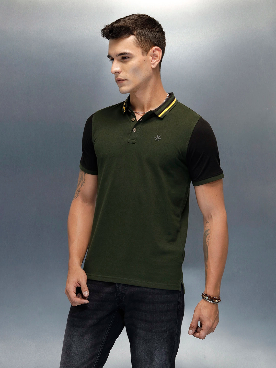 Colourblock Causal Men's Polo Neck T-Shirt | Olive
