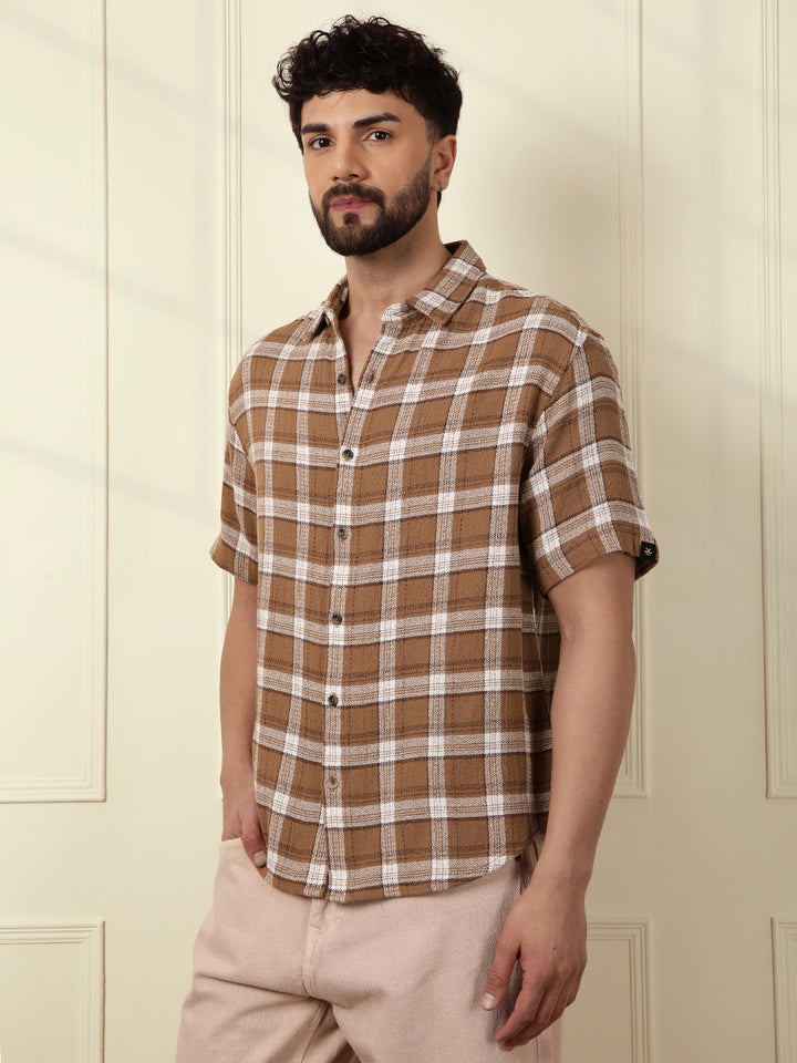 Checked Short Sleeve Textured Shirt | Brown