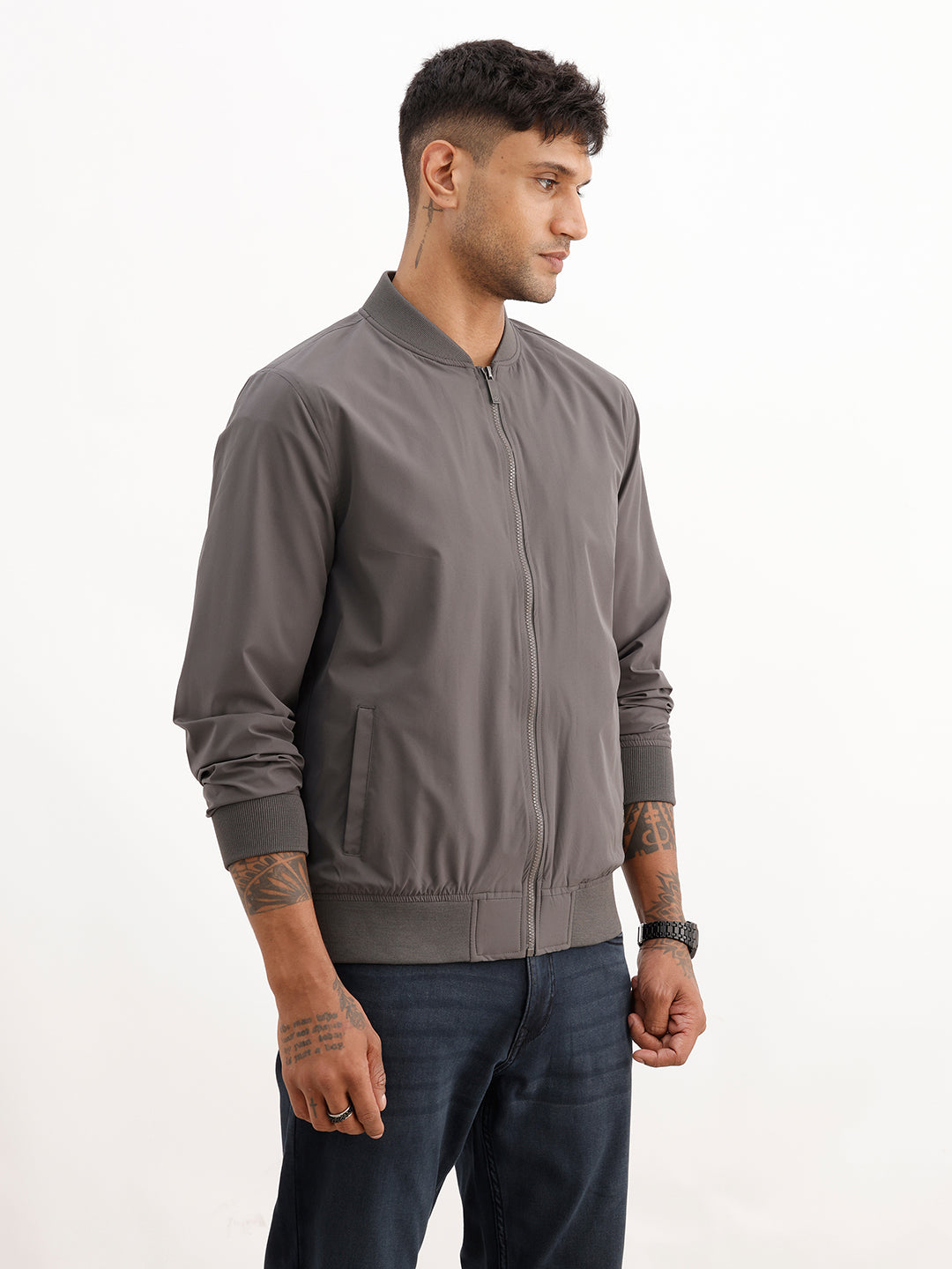 Solid Regular Fit Zipper Jacket | Grey