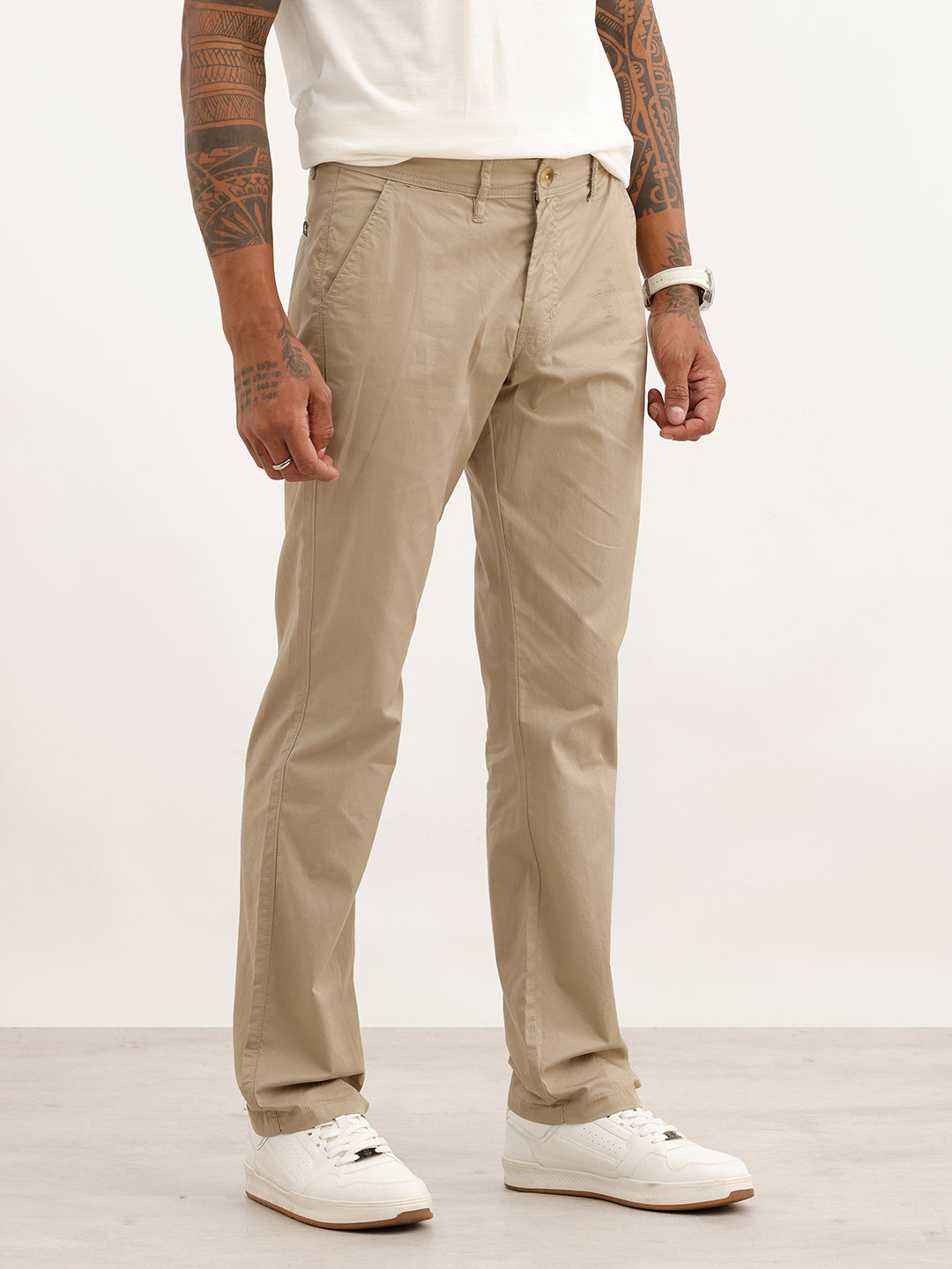 Solid Straight Fit Trouser | Beige