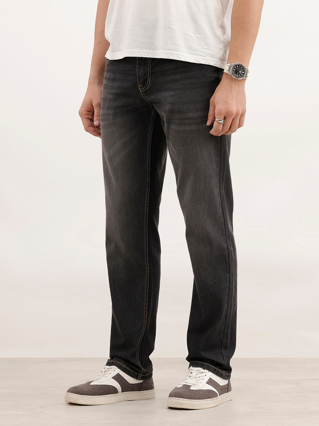Straight Fit Faded Denim Jeans | Dark Grey