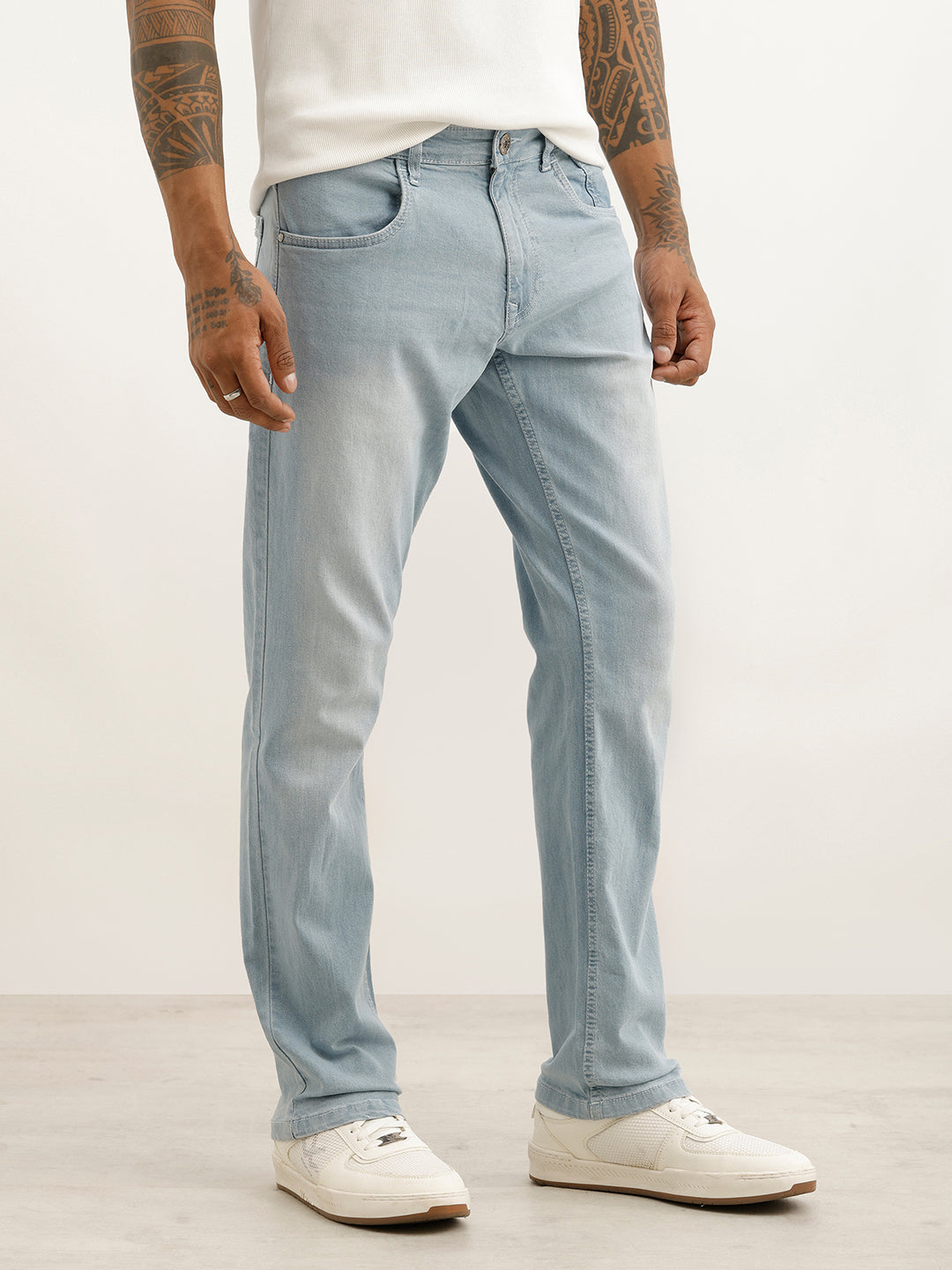 Washed Straight Fit Denim Jeans | Light Blue