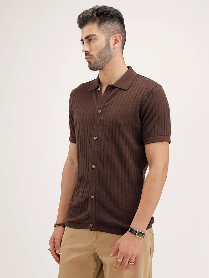 Slim Fit Textured Half Sleeve Shirt | Brown