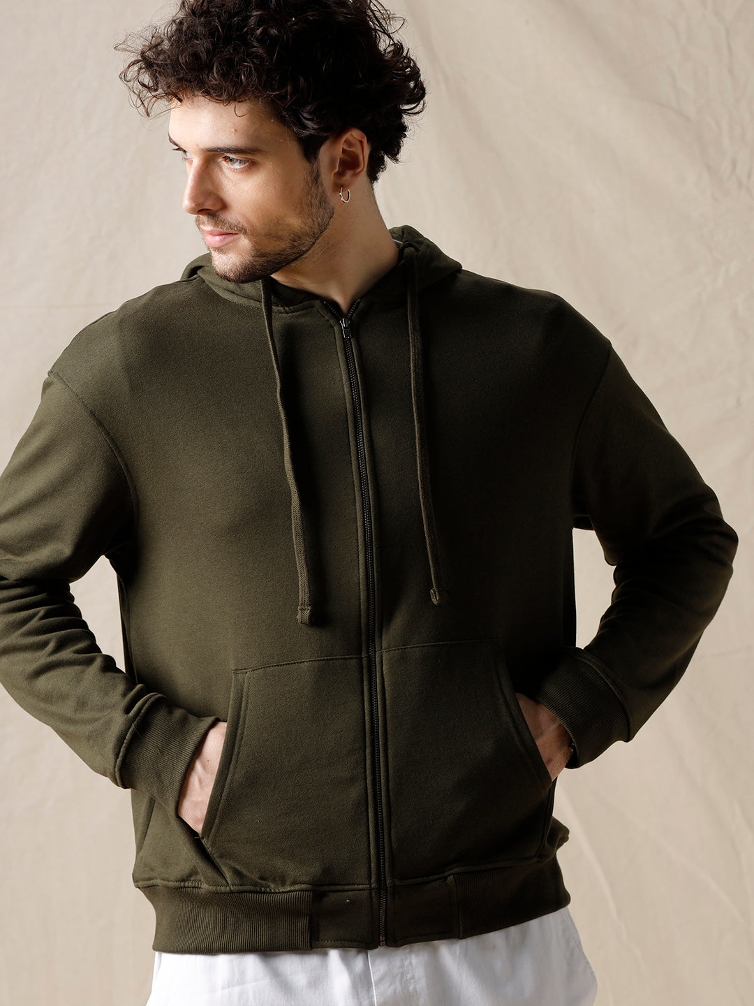 Contrast Full Zip Olive Hoodie