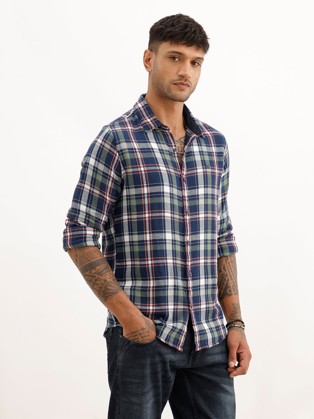 Slim Fit Checkered Full Sleeve Shirt | Navy Blue