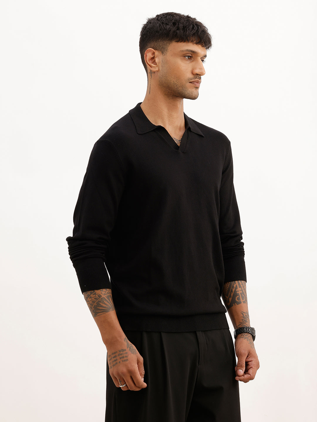 Solid Slim Fit Full Sleeve Polo T-Shirt | Black | WPT02FSSL1629S