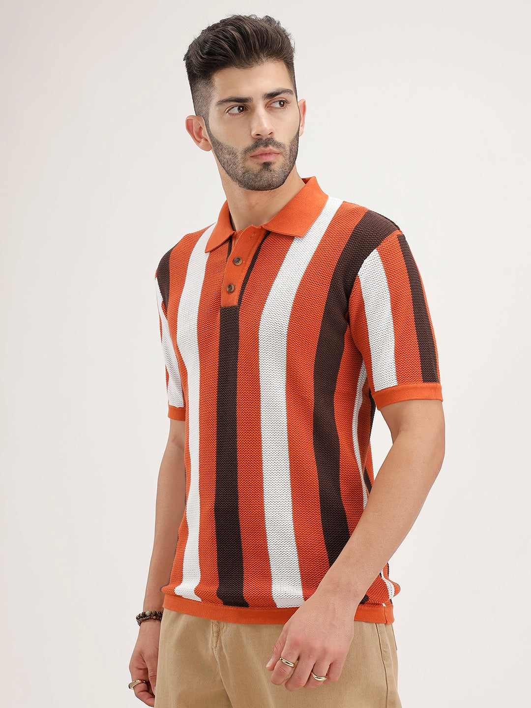 Slim Fit Striped Flat Knit Polo T-Shirt | Rust