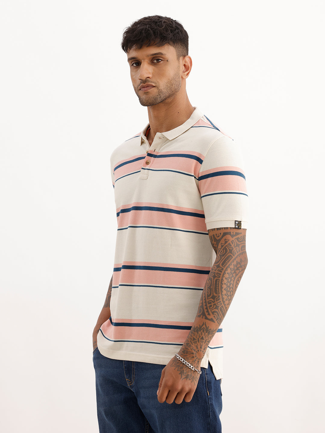 Slim Fit Striped Polo T-Shirt | Off White