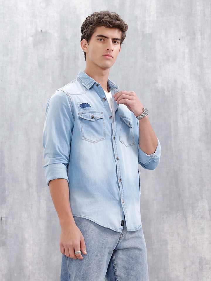 Men's Casual Mid Wash Denim Shirt | Med Stone