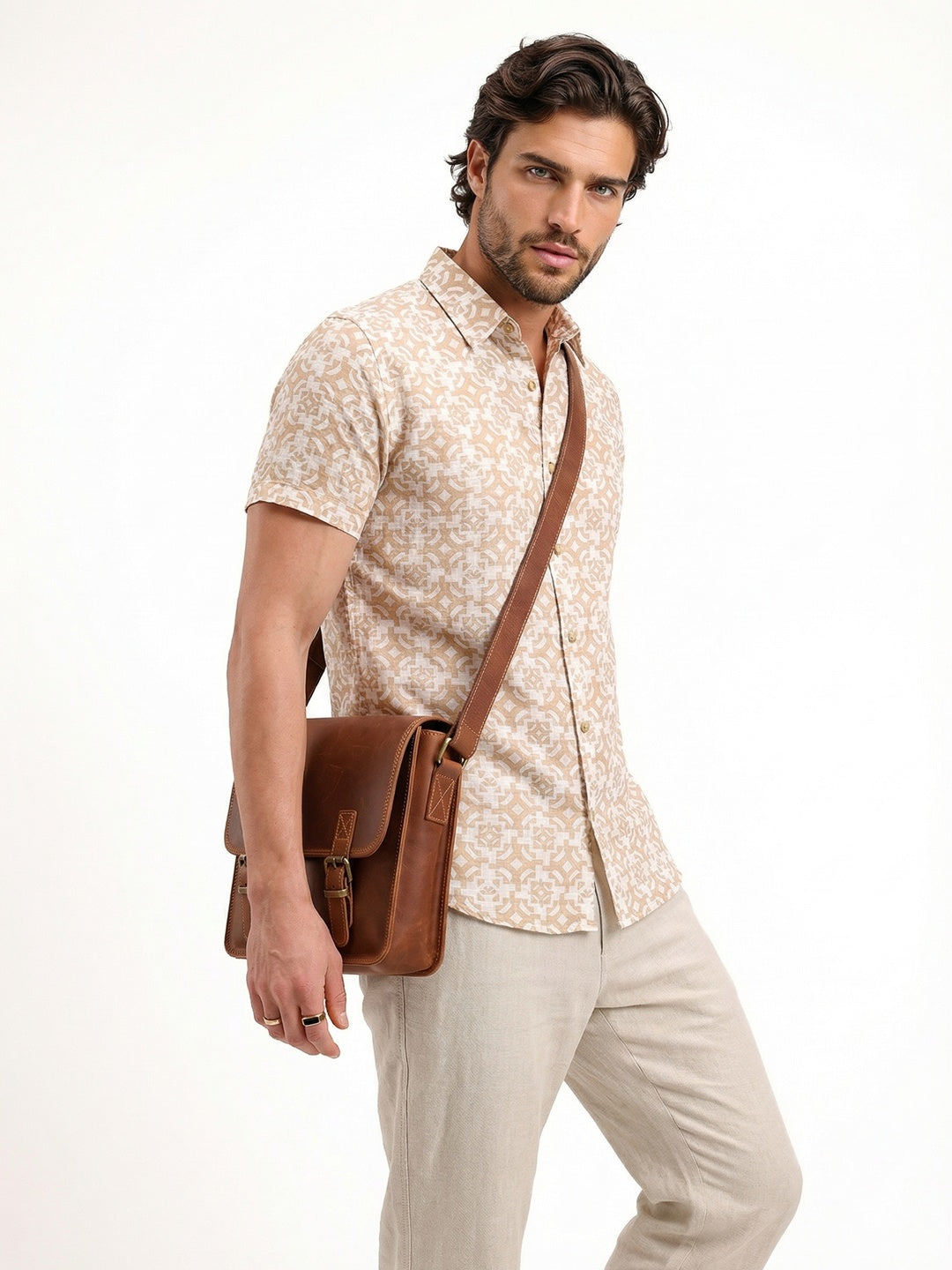 Slim Fit AOP Half Sleeve Shirt | Beige