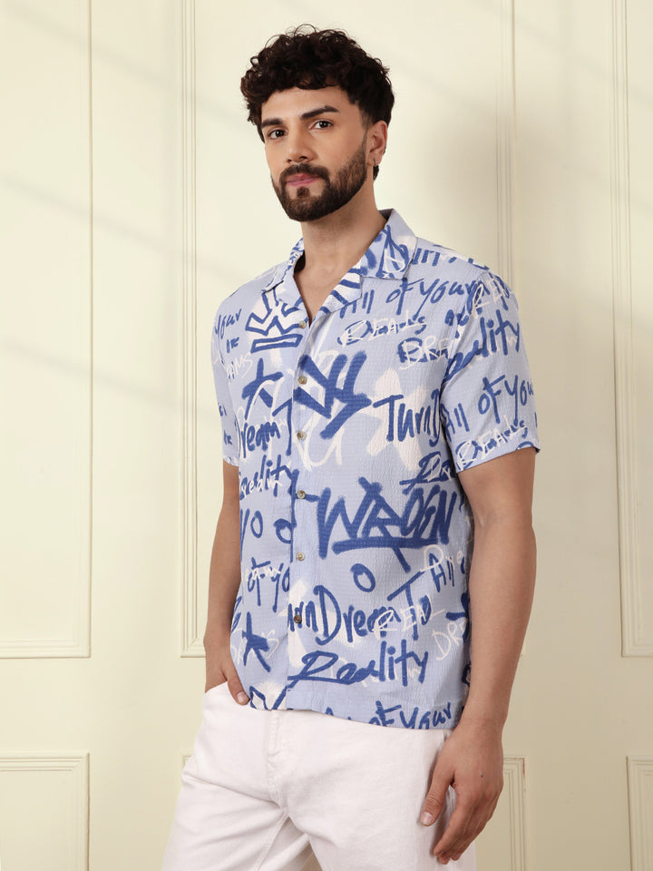 Textured Light Weight AOP Shirt | Blue