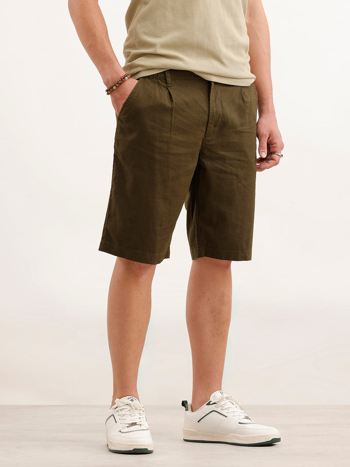 Slim Fit Linen Blend Shorts  | Olive