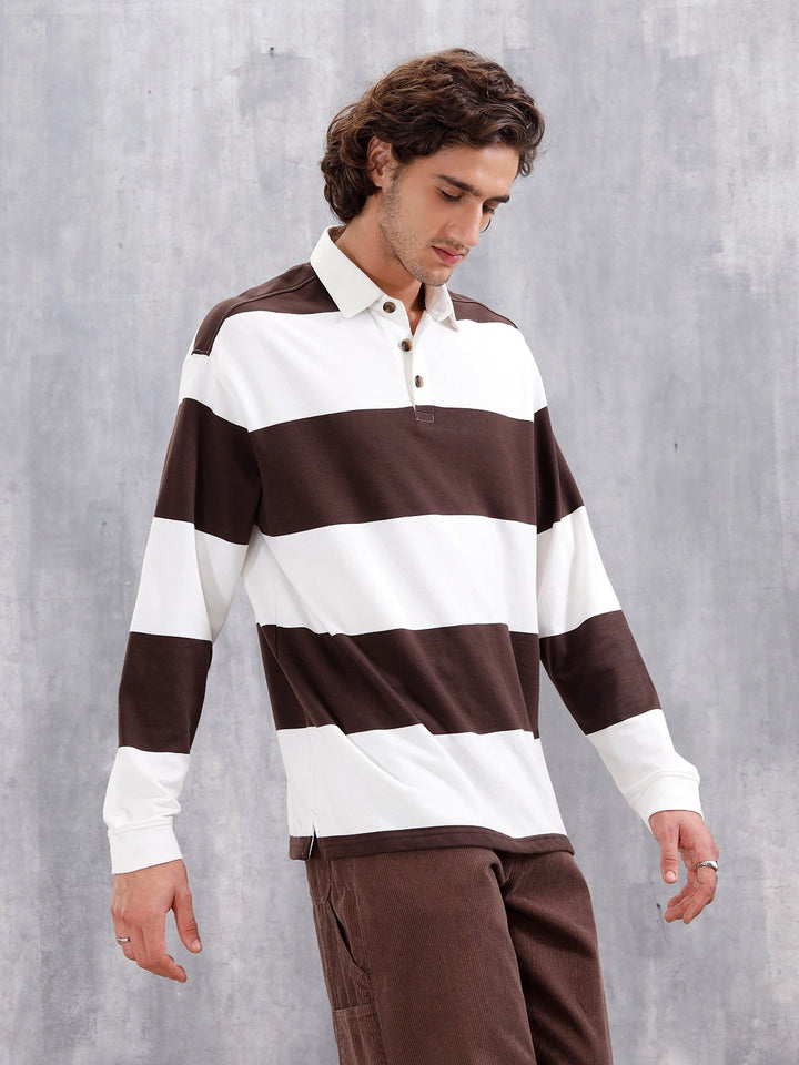 Yarn Dyed Striped Rugby Polo With Twill Collar | Brown