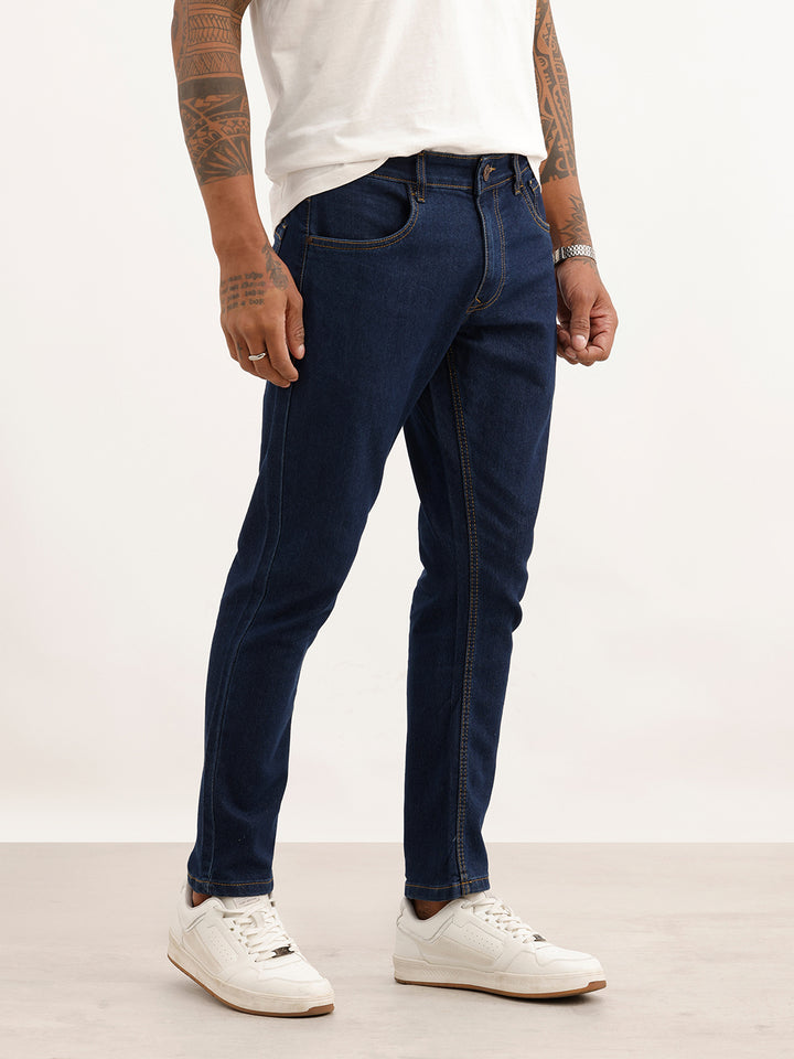 Solid Slim Crop Fit Denim Jeans | Dark Blue