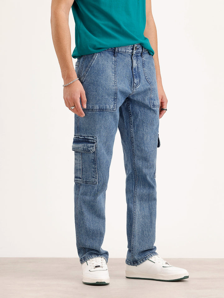 Relaxed Fit Cargo Denim Jeans | Light Blue