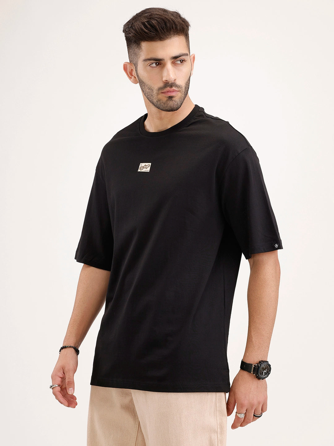 Solid Oversized Fit Patch Detail T-Shirt | Black