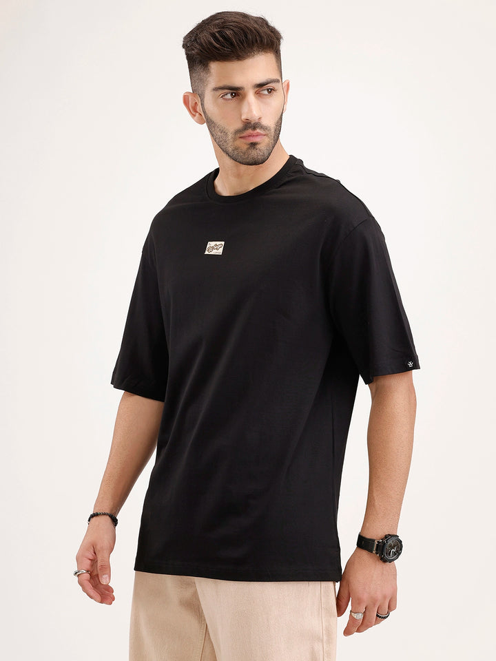 Solid Oversized Fit Patch Detail T-Shirt | Black