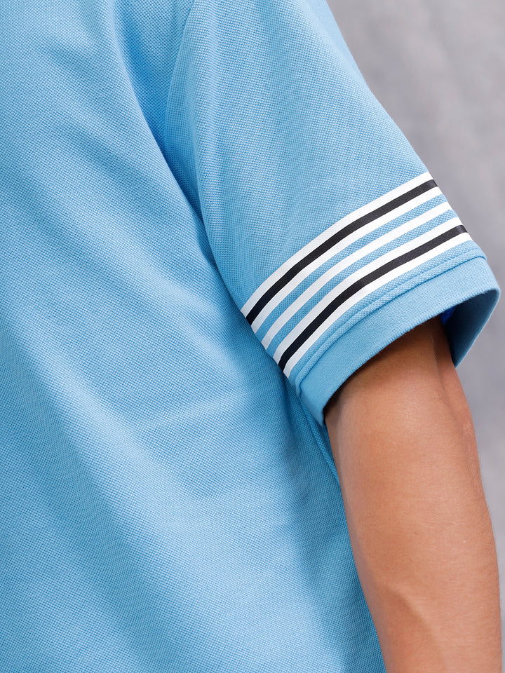 Striped Sleeve Oversized Fit Polo T-Shirt | Blue