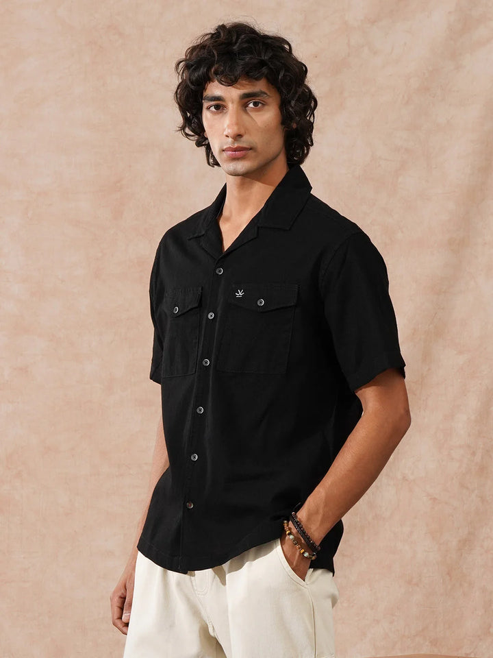 Double Pocket Resort Collar Shirt | Black