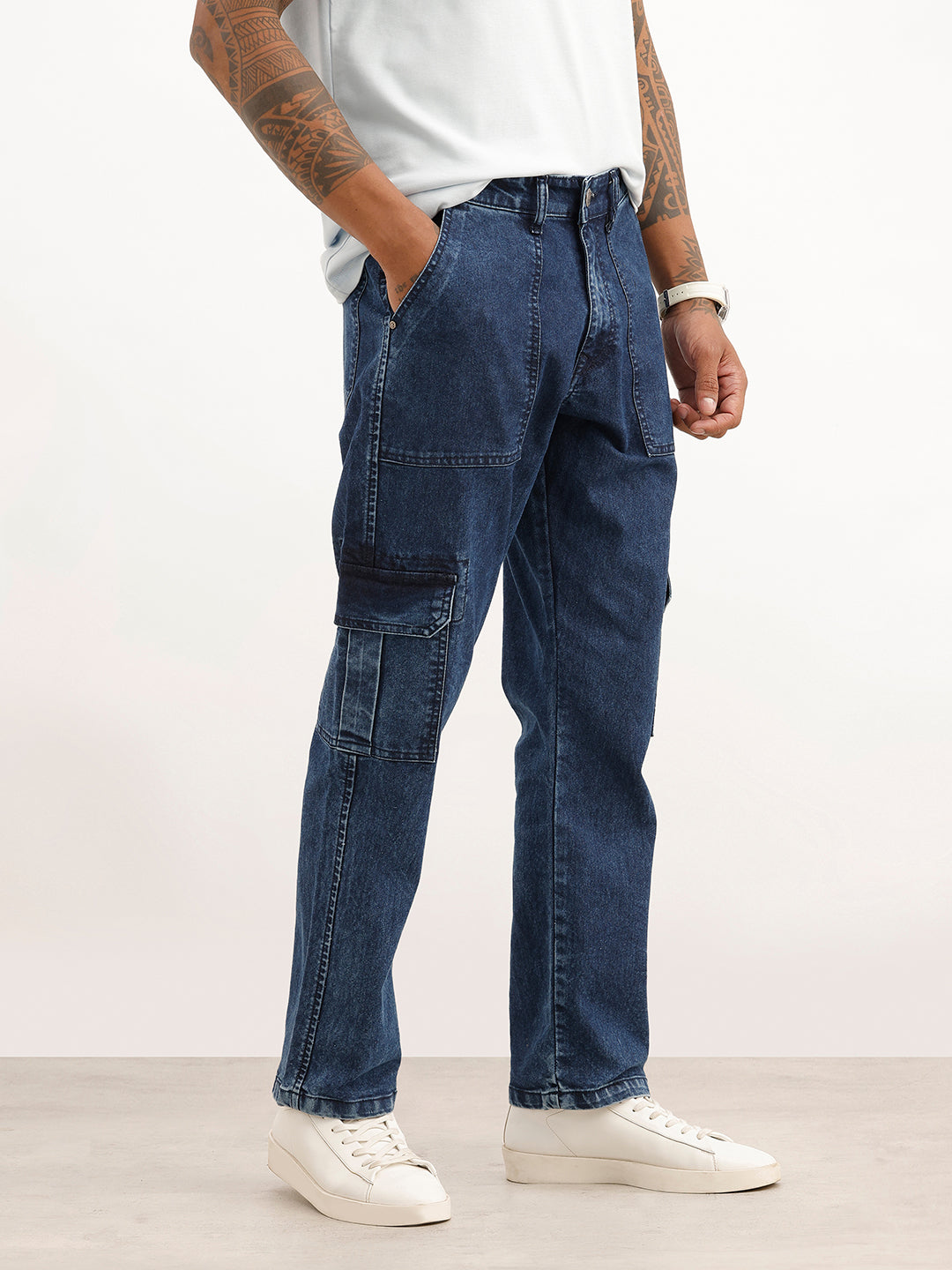 Solid Cargo Fit Denim Jeans | Light Blue | WSJN1086M