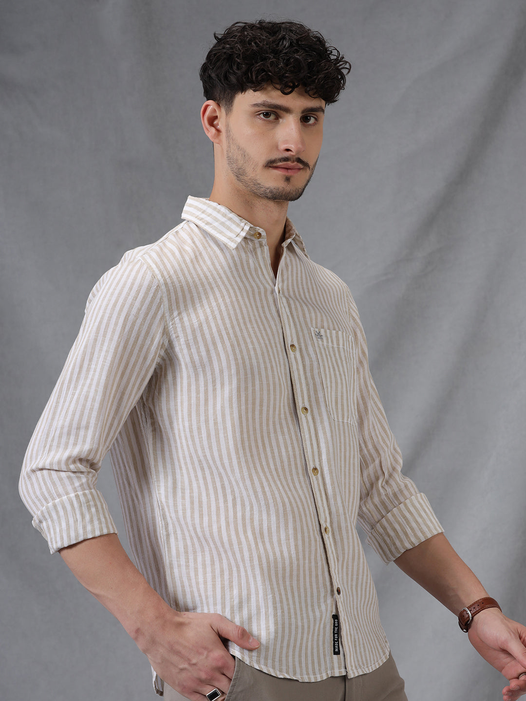 Yarn Dyed Beige Stripes Shirt