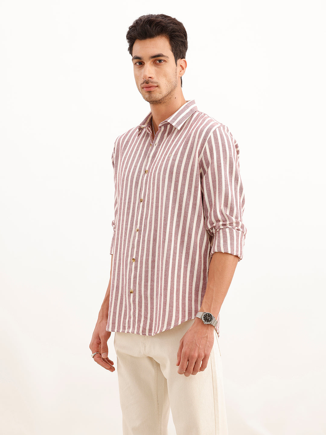 Classic Slim Fit Twill Striped Shirt | Wine