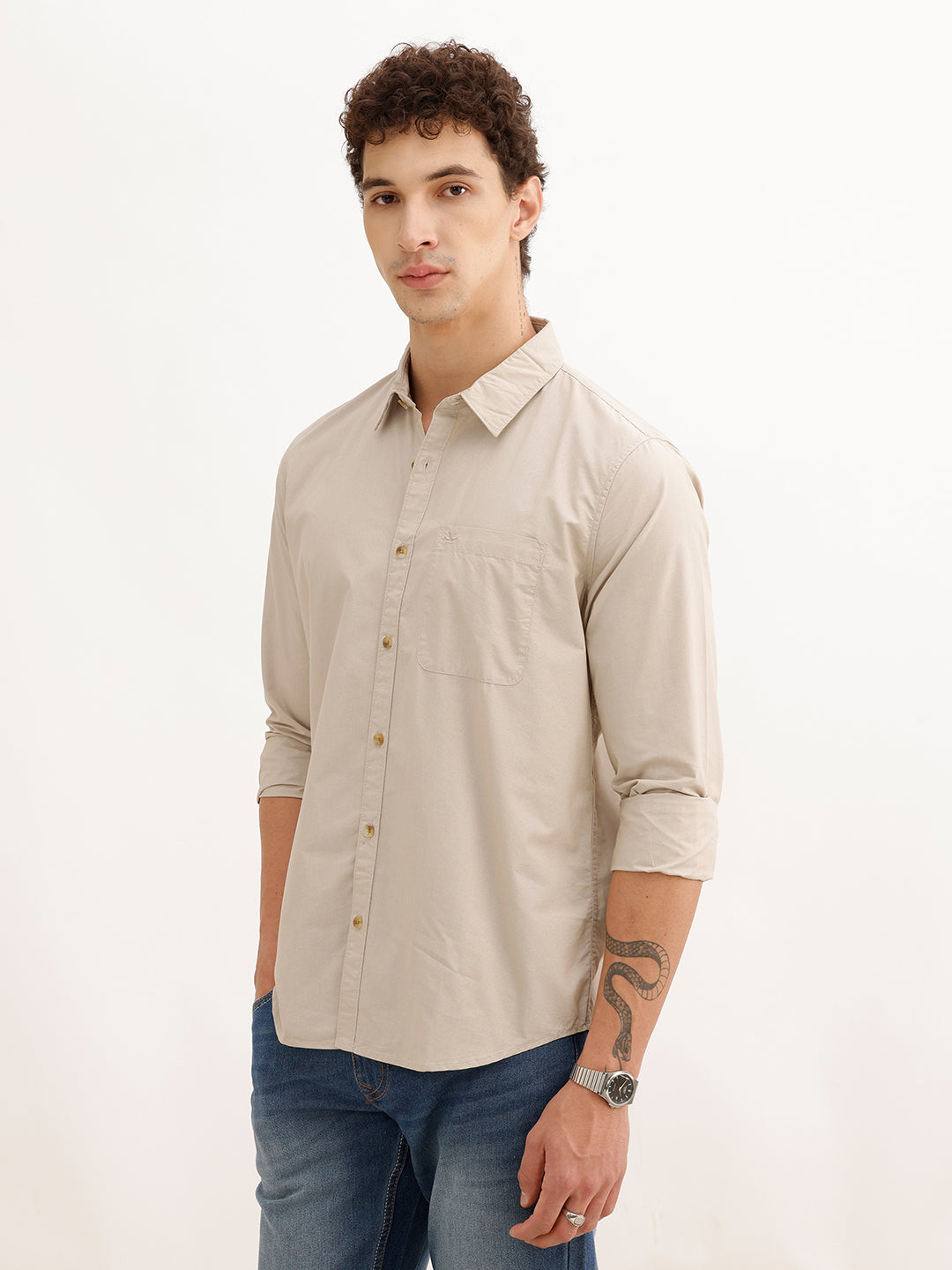 Solid Regular Fit Full Sleeve Shirt | Beige