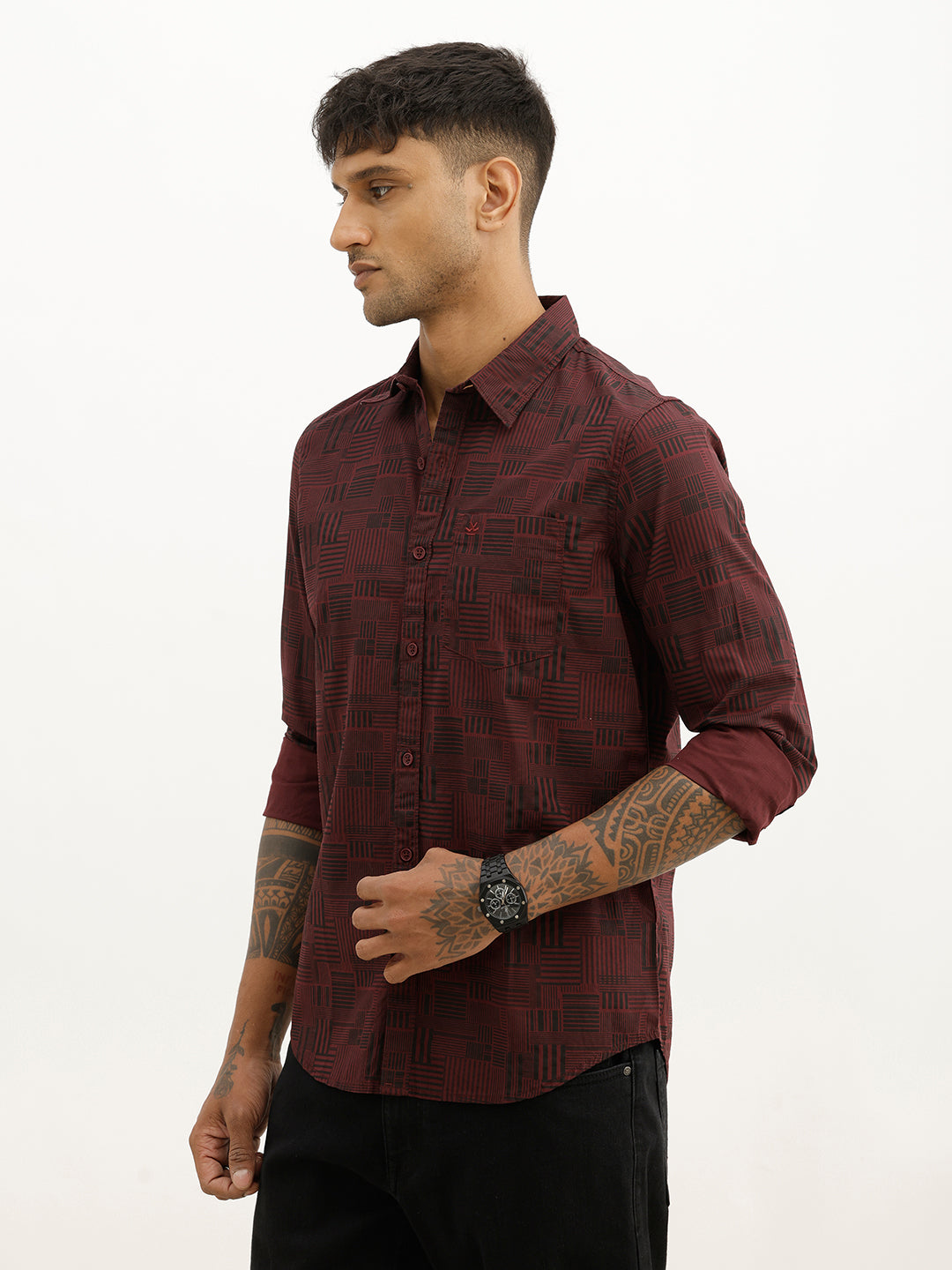 Slim Fit AOP Full Sleeve Shirt | Black
