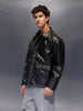 Men's Relaxed Fit Collared Fit PU Jacket  |  Black