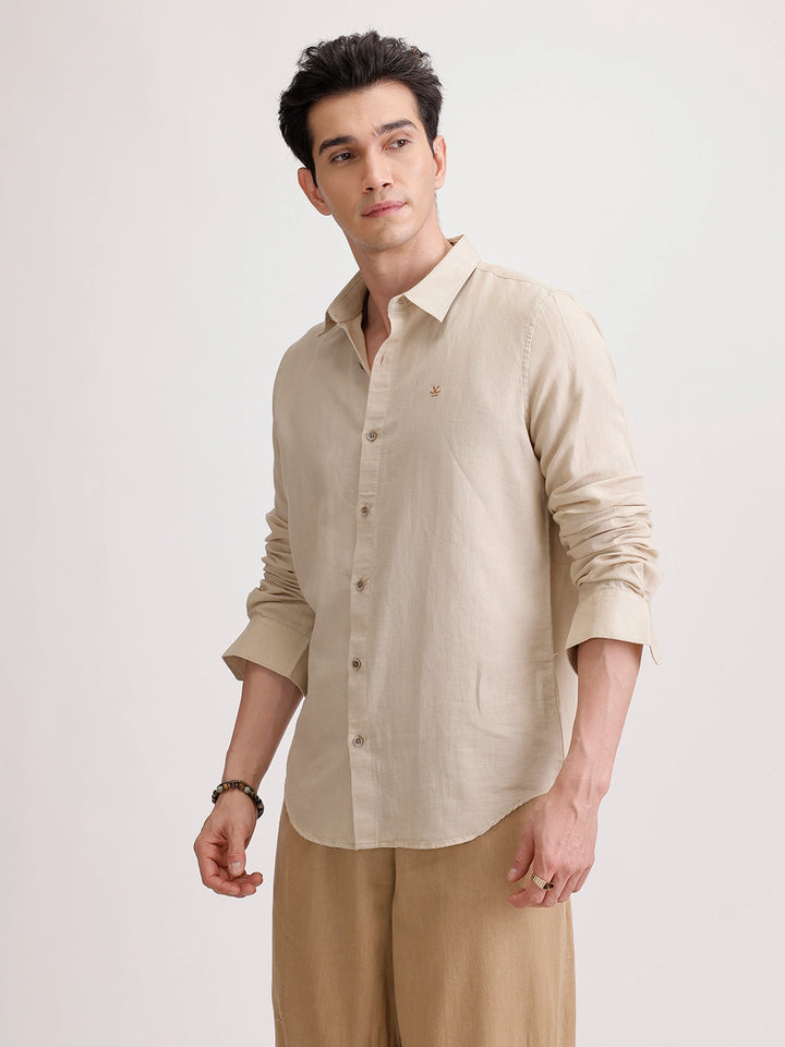 Solid Slim Fit Linen Blend Shirt  | Khaki