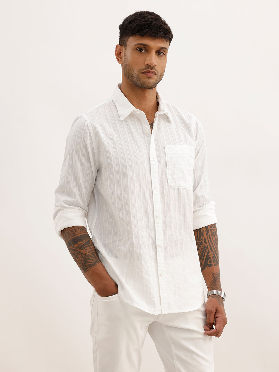 Textured Slim Fit Striped Shirt | White