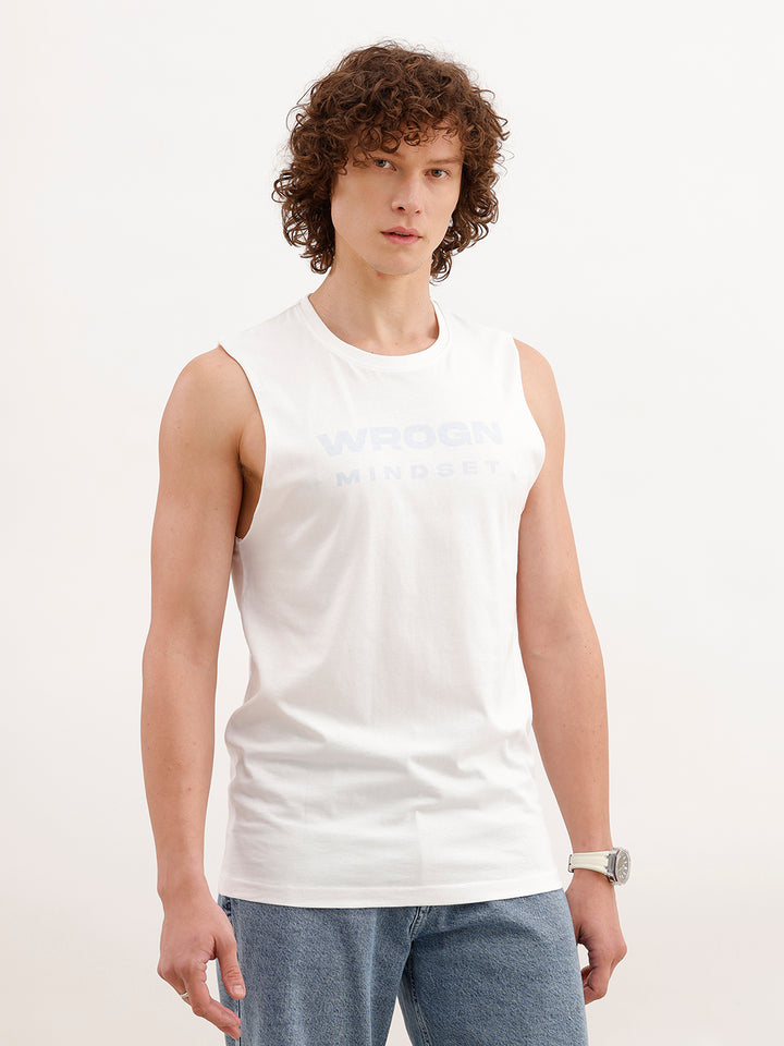 Slim Fit Printed Cut Off sleeves T-Shirt | White