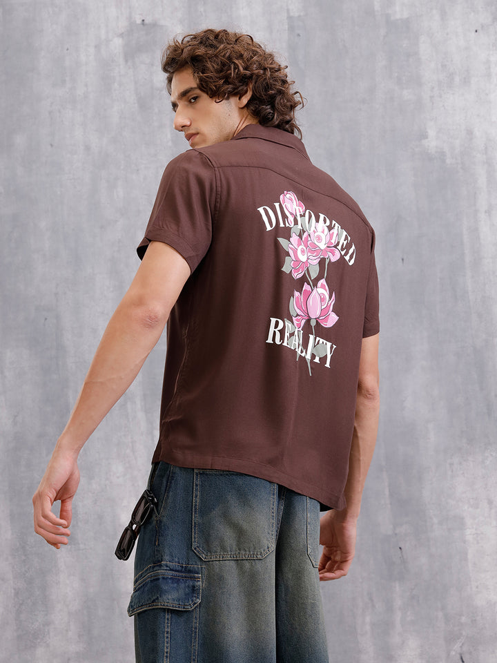 Fluid Resort Collar Shirt With Surreal Back Print | Brown