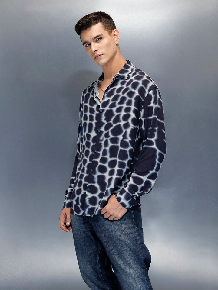 Wrogn Abstract Printed Oversized Fit Shirt | Blue