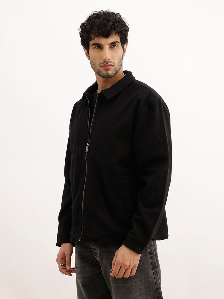 Solid Comfort Fit Zipper Jacket | Black