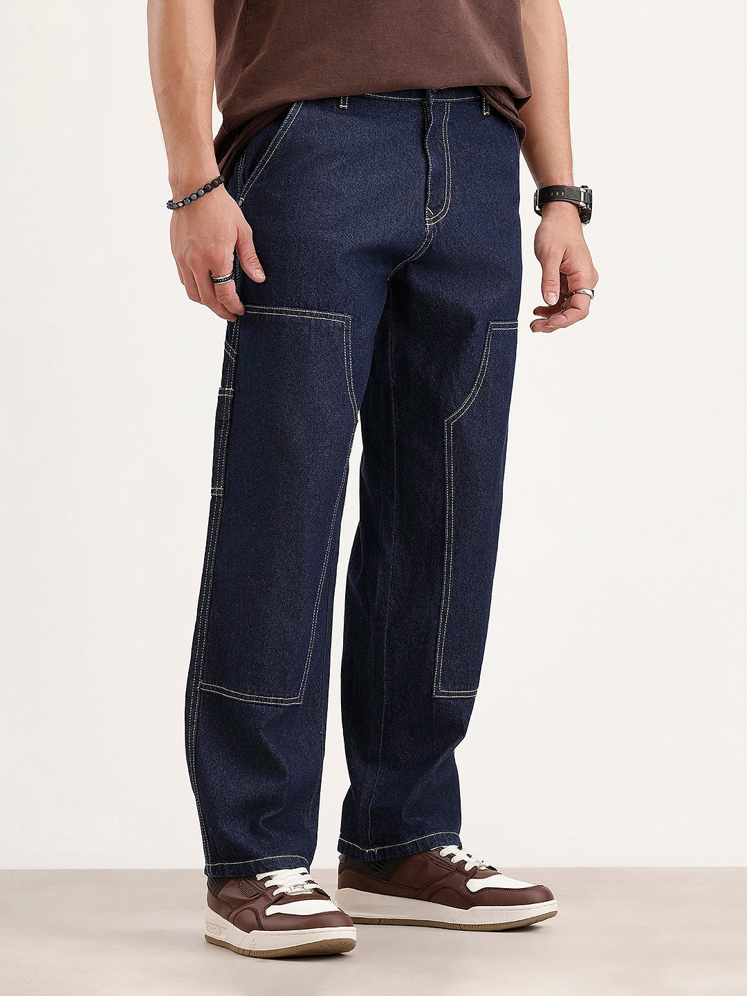 Loose Fit Cut & Sew Denim Jeans | Dark Blue