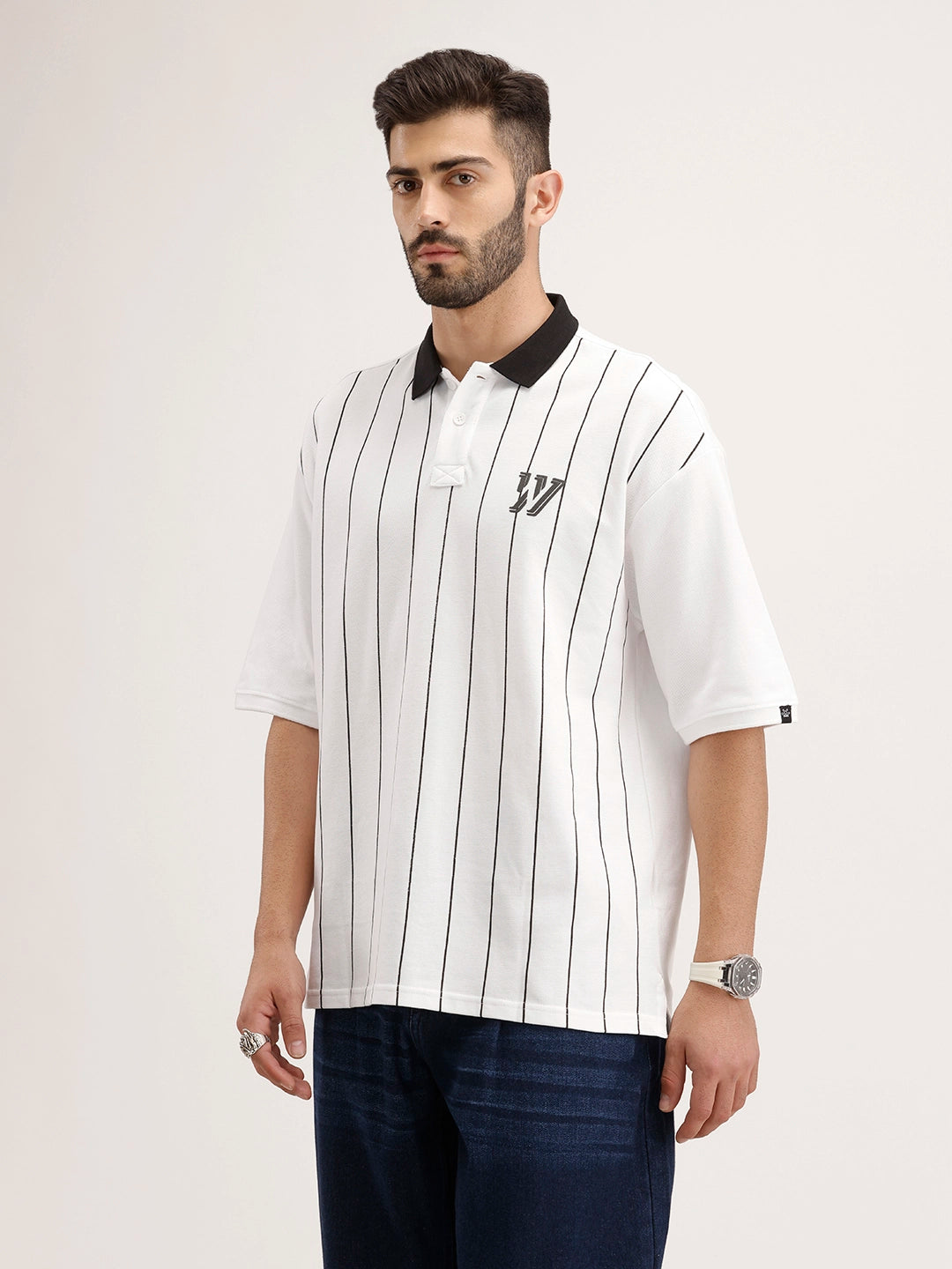 Oversized Striped Polo T-Shirt | White