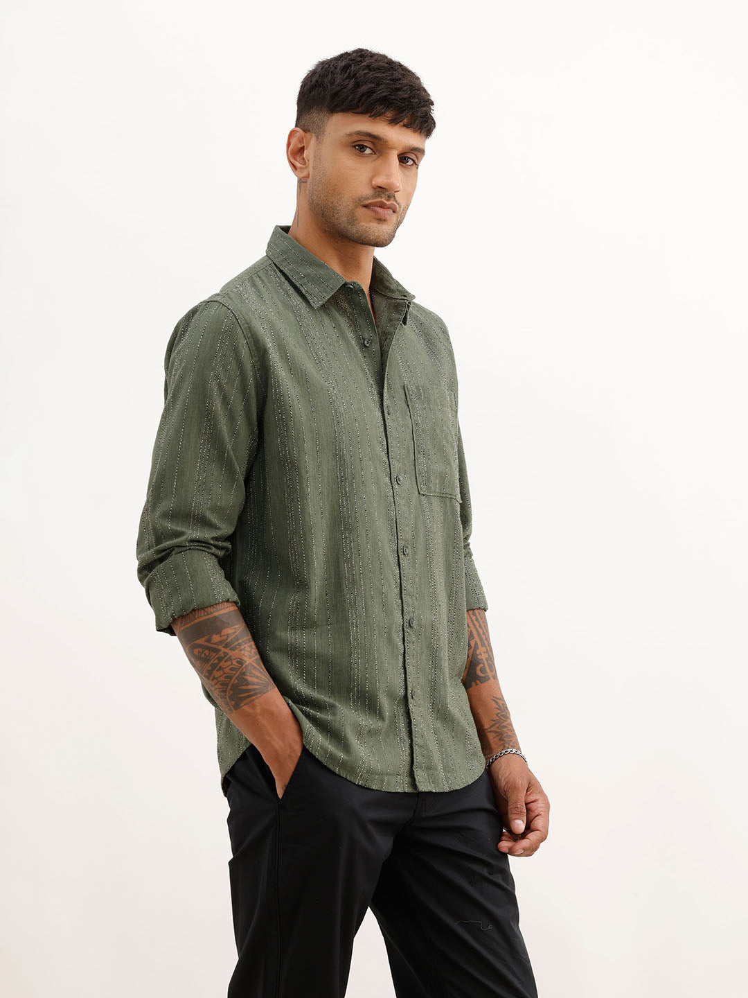 Slim Fit Textured Striped Full Sleeve Shirt | Dark Green