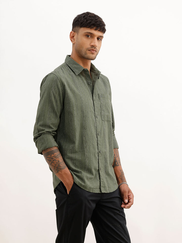 Slim Fit Textured Striped Full Sleeve Shirt | Dark Green