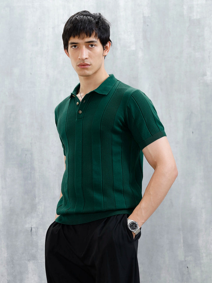 Classic Flat Knit Textured Polo T-Shirt For Men | Green