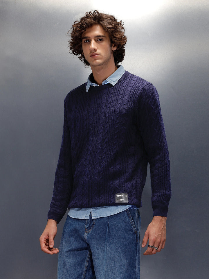 Chunky Cable Knit Slim Fit Crew Neck Sweater  | Navy Blue