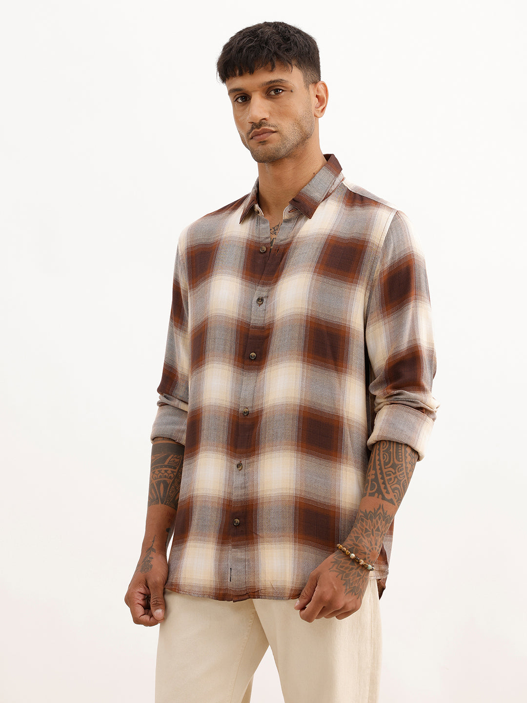 Slim Fit Checkered Shirt | Khaki | WSH02FSSL0036S